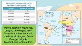 Povos balantas, manjacos,
bijagós, mandingas, jejes,
haussás, iorubas vieram do
que hoje são Angola, Benin,
Senegal, Nigéria,
Moçambique, entre outros.
 