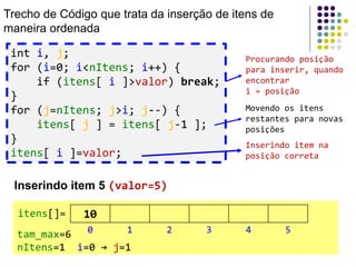 int i, j;
for (i=0; i<nItens; i++) {
if (itens[ i ]>valor) break;
}
for (j=nItens; j>i; j--) {
itens[ j ] = itens[ j-1 ];
}
itens[ i ]=valor;
Trecho de Código que trata da inserção de itens de
maneira ordenada
Procurando posição
para inserir, quando
encontrar
i = posição
Movendo os itens
restantes para novas
posições
Inserindo item na
posição correta
10itens[]=
0 1 2 3 4 5tam_max=6
nItens=1 i=0 → j=1
Inserindo item 5 (valor=5)
 