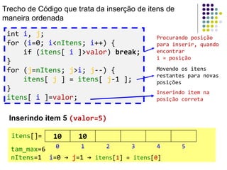 int i, j;
for (i=0; i<nItens; i++) {
if (itens[ i ]>valor) break;
}
for (j=nItens; j>i; j--) {
itens[ j ] = itens[ j-1 ];
}
itens[ i ]=valor;
Trecho de Código que trata da inserção de itens de
maneira ordenada
Procurando posição
para inserir, quando
encontrar
i = posição
Movendo os itens
restantes para novas
posições
Inserindo item na
posição correta
10 10itens[]=
0 1 2 3 4 5tam_max=6
nItens=1 i=0 → j=1 → itens[1] = itens[0]
Inserindo item 5 (valor=5)
 