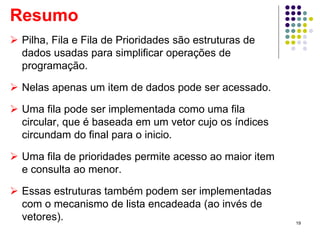 Resumo
 Pilha, Fila e Fila de Prioridades são estruturas de
dados usadas para simplificar operações de
programação.
 Nelas apenas um item de dados pode ser acessado.
 Uma fila pode ser implementada como uma fila
circular, que é baseada em um vetor cujo os índices
circundam do final para o inicio.
 Uma fila de prioridades permite acesso ao maior item
e consulta ao menor.
 Essas estruturas também podem ser implementadas
com o mecanismo de lista encadeada (ao invés de
vetores). 19
 