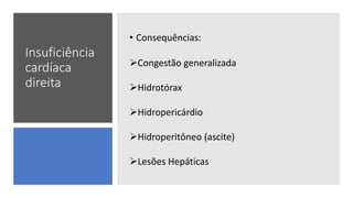 Insuficiência
cardíaca
direita
• Consequências:
Congestão generalizada
Hidrotórax
Hidropericárdio
Hidroperitôneo (ascite)
Lesões Hepáticas
 