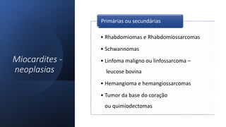 Miocardites -
neoplasias
• Rhabdomiomas e Rhabdomiossarcomas
• Schwannomas
• Linfoma maligno ou linfossarcoma –
leucose bovina
• Hemangioma e hemangiossarcomas
• Tumor da base do coração
ou quimiodectomas
Primárias ou secundárias
 