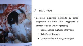 Aneurismas
• Dilatação idiopática localizada ou bolsa
evaginante de uma área adelgaçada e
enfraquecida de um vaso (artéria)
 Consequência: rupturas e trombose
 Deficiência de cobre
 Spirocerca lupi e Strongylus vulgaris
 