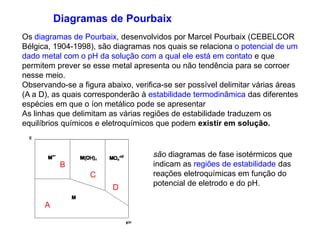 Os diagramas de Pourbaix, desenvolvidos por Marcel Pourbaix (CEBELCOR
Bélgica, 1904-1998), são diagramas nos quais se relaciona o potencial de um
dado metal com o pH da solução com a qual ele está em contato e que
permitem prever se esse metal apresenta ou não tendência para se corroer
nesse meio.
Observando-se a figura abaixo, verifica-se ser possível delimitar várias áreas
(A a D), as quais corresponderão à estabilidade termodinâmica das diferentes
espécies em que o íon metálico pode se apresentar
As linhas que delimitam as várias regiões de estabilidade traduzem os
equilíbrios químicos e eletroquímicos que podem existir em solução.
são diagramas de fase isotérmicos que
indicam as regiões de estabilidade das
reações eletroquímicas em função do
potencial de eletrodo e do pH.
Diagramas de Pourbaix
A
B
C
D
 