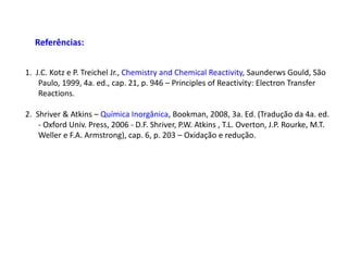1. J.C. Kotz e P. Treichel Jr., Chemistry and Chemical Reactivity, Saunderws Gould, São
Paulo, 1999, 4a. ed., cap. 21, p. 946 – Principles of Reactivity: Electron Transfer
Reactions.
2. Shriver & Atkins – Química Inorgânica, Bookman, 2008, 3a. Ed. (Tradução da 4a. ed.
- Oxford Univ. Press, 2006 - D.F. Shriver, P.W. Atkins , T.L. Overton, J.P. Rourke, M.T.
Weller e F.A. Armstrong), cap. 6, p. 203 – Oxidação e redução.
Referências:
 