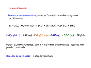 Na área industrial:
3C + 2K2Cr2O7 + 8H2SO4 → 3CO2 + 2Cr2(SO4)3 + 2K2SO4 + 8H2O
3 C(orgânico) + 8 H+(aq) + 2 Cr2O7
2-(aq) → 3 CO2(g) + 2 Cr3+(aq) + 8H2O(l)
Processos estequiométricos, como na Oxidação de carbono orgânico
com dicromato
Geram efluentes poluentes, com a presença de íons metálicos “pesados” em
grande quantidade.
Reações de combustão – a altas temperaturas
 