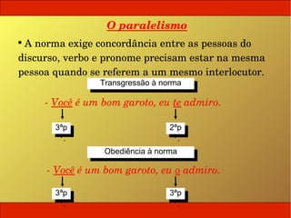 O paralelismo

  A norma exige concordância entre as pessoas do 
discurso, verbo e pronome precisam estar na mesma 
pessoa quando se referem a um mesmo interlocutor.
                Transgressão àànorma
                 Transgressão norma

     ­ Você é um bom garoto, eu te admiro.

       3ªp
        3ªp                     2ªp
                                 2ªp
        ..                       ..
                 Obediência àànorma
                 Obediência norma

      ­ Você é um bom garoto, eu o admiro.

       3ªp
        3ªp                     3ªp
                                 3ªp
        ..                       ..
 