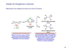 Adição de halogênios a alcenos

Mecanismo da adição de bromo ao trans-2-buteno



                                                                    Br           CH3
                                                      (a)                         H
                                                                         C   C
                                       Br −                       H
                                   (a)    (b)                     H3C            Br
                                  H         CH3
         H          CH3        H3C                            (R,S-)2,3-Dibromobutano
           C    C                    C C H                              (meso)
       H3C          H
                                       Br                                        Br
           δ+ Br                       +                            H
                                 íon bromônio         (b)        H3C
                                                                         C   C
           δ− Br                    (quiral)                                    CH
                                                                     Br        H 3
                                                              (R,S)-2,3-Dibromobutano
                                                                        (meso)

      adição do bromo ao trans-2-buteno            O íon bromônio reage com o brometo
        forma um íon bromônio quiral.             em proporção igual pelos caminhos (a) e
      [Reação pela outra face formaria o           (b), porém forma o mesmo composto
        enantiômero do íon bromônio]                   aquiral meso [reação do outro
                                                     enantiômero do íon bromônio irá
                                                       formar os mesmos produtos].




                                                                                            18
 
