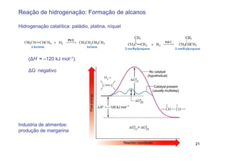 Reação de hidrogenação: Formação de alcanos

Hidrogenação catalítica: paládio, platina, níquel




    (∆H° ≈ –120 kJ mol–1).

    ∆G° negativo




Industria de alimentos:
produção de margarina

                                                    21
 