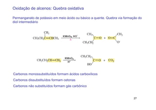 Oxidação de alcenos: Quebra oxidativa

Permanganato de potássio em meio ácido ou básico a quente. Quebra via formação do
diol intermediário




Carbonos monossubstituídos formam ácidos carboxílicos
Carbonos dissubstituídos formam cetonas
Carbonos não substituídos formam gás carbônico


                                                                            27
 