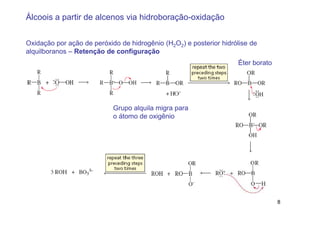 Álcoois a partir de alcenos via hidroboração-oxidação


Oxidação por ação de peróxido de hidrogênio (H2O2) e posterior hidrólise de
alquilboranos – Retenção de configuração
                                                                    Éter borato




                            Grupo alquila migra para
                            o átomo de oxigênio




                                                                                  8
 