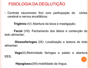 FISIOLOGIA DA DEGLUTIÇÃO
- Controle neuromotor fino com participação do córtex
cerebral e nervos encefálicos:
Trigêmio (V): Abertura da boca e mastigação;
Facial (VII): Fechamento dos lábios e contenção do
bolo alimentar;
Glossofaríngeo (IX): Localização e textura do bolo
alimentar;
Vago(X):Motricidade faríngea e palato e abertura
EES;
Hipoglosso(XII):mobilidade da língua.
 