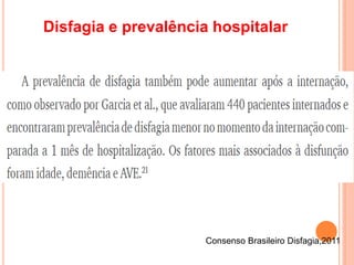 Disfagia e prevalência hospitalar
Consenso Brasileiro Disfagia,2011
 