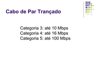 Cabo de Par Trançado Categoria 3: até 10 Mbps Categoria 4: até 16 Mbps   Categoria 5: até 100 Mbps  