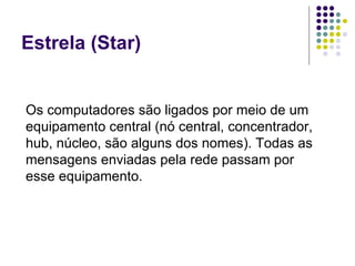 Estrela (Star) Os computadores são ligados por meio de um equipamento central (nó central, concentrador, hub, núcleo, são alguns dos nomes). Todas as mensagens enviadas pela rede passam por esse equipamento. 