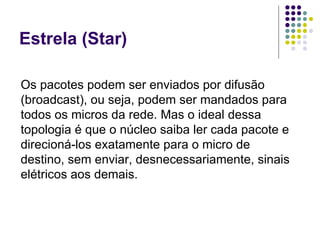 Estrela (Star) Os pacotes podem ser enviados por difusão (broadcast), ou seja, podem ser mandados para todos os micros da rede. Mas o ideal dessa topologia é que o núcleo saiba ler cada pacote e direcioná-los exatamente para o micro de destino, sem enviar, desnecessariamente, sinais elétricos aos demais. 