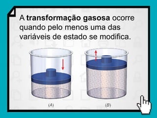 A transformação gasosa ocorre
quando pelo menos uma das
variáveis de estado se modifica.
 