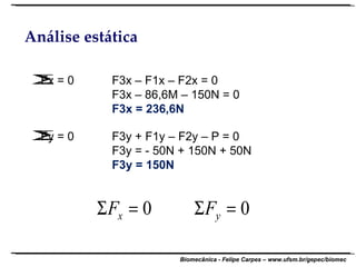 Análise estática Fx = 0 F3x – F1x – F2x = 0 F3x – 86,6M – 150N = 0 F3x = 236,6N Fy = 0 F3y + F1y – F2y – P = 0 F3y = - 50N + 150N + 50N F3y = 150N 