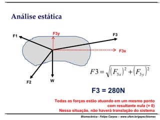 Análise estática F3 F1 F2 W F3y F3x F3 = 280N Todas as forças estão atuando em um mesmo ponto com resultante nula (= 0) Nessa situação, não haverá translação do sistema 