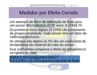 Um exemplo de fator de calibração de fluxo para
um sensor Micro Motion ELITE seria: 4.27454.75
Os primeiros cinco dígitos (4.2745) são a constante
de proporcionalidade. Cada sensor tem um fator de
calibração exclusivo.
Medidor por Efeito Coriolis
calibração exclusivo.
Os últimos três dígitos (4.75) são um coeficiente de
temperatura do material do tubo do sensor.
Esse coeficiente compensa o efeito da temperatura
na rigidez do tubo.
Dados 5 microssegundos Delta-T
5 X 4.2745 = 21.3725 gramas/segundo de fluxo
 