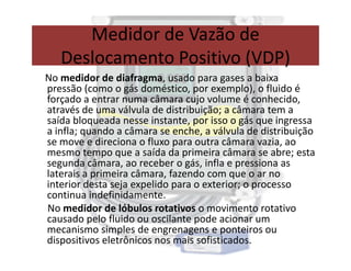 No medidor de diafragma, usado para gases a baixa
pressão (como o gás doméstico, por exemplo), o fluido é
forçado a entrar numa câmara cujo volume é conhecido,
através de uma válvula de distribuição; a câmara tem a
saída bloqueada nesse instante, por isso o gás que ingressa
a infla; quando a câmara se enche, a válvula de distribuição
se move e direciona o fluxo para outra câmara vazia, ao
Medidor de Vazão de
Deslocamento Positivo (VDP)
a infla; quando a câmara se enche, a válvula de distribuição
se move e direciona o fluxo para outra câmara vazia, ao
mesmo tempo que a saída da primeira câmara se abre; esta
segunda câmara, ao receber o gás, infla e pressiona as
laterais a primeira câmara, fazendo com que o ar no
interior desta seja expelido para o exterior; o processo
continua indefinidamente.
No medidor de lóbulos rotativos o movimento rotativo
causado pelo fluido ou oscilante pode acionar um
mecanismo simples de engrenagens e ponteiros ou
dispositivos eletrônicos nos mais sofisticados.
 