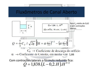 Fluxômetros de Canal Aberto
Para Cd médio de 0,62
e sem contrações
laterais
Com contrações laterais a fórmula reduzida fica:
 