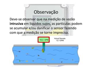 Observação
Deve-se observar que na medição de vazão
intrusiva em líquidos sujos, as partículas podem
se acumular e/ou danificar o sensor fazendo
com que a medição se torne imprecisa.
 