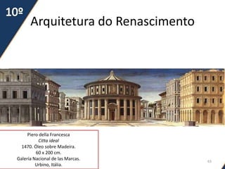Arquitetura do Renascimento
63
Piero della Francesca
Citta ideal
1470. Óleo sobre Madeira.
60 x 200 cm.
Galería Nacional de las Marcas.
Urbino, Itália.
 
