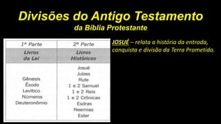 Divisões do Antigo Testamento
da Bíblia Protestante
JOSUÉ – relata a história da entrada,
conquista e divisão da Terra Prometida.
 