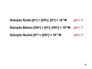 Solução Ácida [H+] > [OH-]; [H+] > 10-7M

pH < 7

Solução Básica [OH-] > [H+]; [OH-] < 10-7M

pH > 7

Solução Neutra [H+] = [OH-] = 10-7 M

pH = 7

25

 
