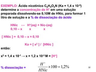 EXEMPLO: Ácido nicotínico C6H5O2N (Ka = 1,4 x 10-5)
determine a concentração de H+ em uma solução
preparada dissolvendo-se 0,10M de HNic, para formar 1
litro de solução e a % de dissociação do ácido
HNic ↔ H+(aq) + Nic-(aq)
0,10 – x
x
x
[ HNic ] = 0,10 – x ≈ 0,10
Ka = [ x2 ] / [HNic ]
então:
x2 = 1,4 x 10-1 → x = 1,2 x 10-3 M = [H+]
+

% dissociação =

H
×100 = 1,2%
HNic

32

 
