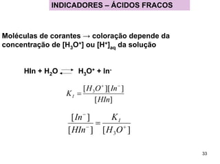 INDICADORES – ÁCIDOS FRACOS

Moléculas de corantes → coloração depende da
concentração de [H3O+] ou [H+]aq da solução
HIn + H2O

H3O+ + In-

[ H 3O + ][ In − ]
KI =
[ HIn]

KI
[ In − ]
=
−
[ HIn ] [ H 3O + ]
33

 