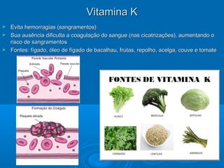  Evita hemorragias (sangramentos)Evita hemorragias (sangramentos)
 Sua ausência dificulta a coagulação do sangue (nas cicatrizações), aumentando oSua ausência dificulta a coagulação do sangue (nas cicatrizações), aumentando o
risco de sangramentosrisco de sangramentos
 Fontes: fígado, óleo de fígado de bacalhau, frutas, repolho, acelga, couve e tomateFontes: fígado, óleo de fígado de bacalhau, frutas, repolho, acelga, couve e tomate
Vitamina KVitamina K
 
