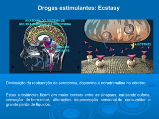 Drogas estimulantes: Ecstasy 
Diminuição da reabsorção da serotonina, dopamina e noradrenalina no cérebro. 
Estas substâncias ficam em maior contato entre as sinapses, causando euforia, 
sensação de bem-estar, alterações da percepção sensorial do consumidor e 
grande perda de líquidos. 
 