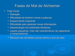 FFaasseess ddoo MMaall ddee AAllzzhheeiimmeerr 
 FFaassee iinniicciiaall:: 
 DDiissttrraaççããoo 
 DDiiffiiccuullddaaddee ddee lleemmbbrraarr nnoommeess ee ppaallaavvrraass 
 EEssqquueecciimmeennttoo ccrreesscceennttee 
 DDiiffiiccuullddaaddee ppaarraa aapprreennddeerr nnoovvaass iinnffoorrmmaaççõõeess 
 DDeessoorriieennttaaççããoo eemm aammbbiieenntteess ffaammiilliiaarreess 
 LLaappssooss ppeeqquueennooss,, mmaass nnããoo ccaarraacctteerrííssttiiccooss ddee jjuullggaammeennttoo 
ee ccoommppoorrttaammeennttoo 
 RReedduuççããoo ddaass aattiivviiddaaddeess ssoocciiaaiiss ddeennttrroo ee ffoorraa ddee ccaassaa 
 