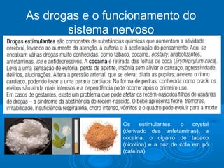 As drogas e o funcionamento do 
sistema nervoso 
Os estimulantes: o crystal 
(derivado das anfetaminas), a 
cocaína, o cigarro de tabaco 
(nicotina) e a noz de cola em pó 
(cafeína). 
 