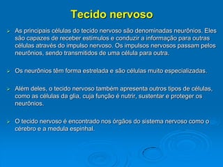 Tecido nervoso
 As principais células do tecido nervoso são denominadas neurônios. Eles
são capazes de receber estímulos e conduzir a informação para outras
células através do impulso nervoso. Os impulsos nervosos passam pelos
neurônios, sendo transmitidos de uma célula para outra.
 Os neurônios têm forma estrelada e são células muito especializadas.
 Além deles, o tecido nervoso também apresenta outros tipos de células,
como as células da glia, cuja função é nutrir, sustentar e proteger os
neurônios.
 O tecido nervoso é encontrado nos órgãos do sistema nervoso como o
cérebro e a medula espinhal.
 