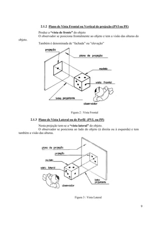 2.1.2 Plano de Vista Frontal ou Vertical de projeção (PVf ou PF)
               Produz a “vista de frente” do objeto
               O observador se posiciona frontalmente ao objeto e tem a visão das alturas do
objeto.
               Também é denominada de “fachada” ou “elevação”




                                        Figura 2 : Vista Frontal

          2.1.3 Plano de Vista Lateral ou de Perfil (PVL ou PP)
              Nesta projeção tem-se a “vista lateral” do objeto.
              O observador se posiciona ao lado do objeto (à direita ou à esquerda) e tem
também a visão das alturas.




                                           Figura 3 : Vista Lateral


                                                                                               9
 