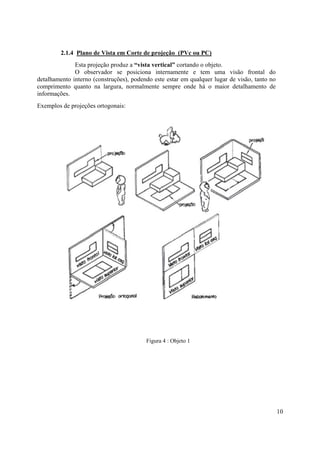 2.1.4 Plano de Vista em Corte de projeção (PVc ou PC)
              Esta projeção produz a “vista vertical” cortando o objeto.
              O observador se posiciona internamente e tem uma visão frontal do
detalhamento interno (construções), podendo este estar em qualquer lugar de visão, tanto no
comprimento quanto na largura, normalmente sempre onde há o maior detalhamento de
informações.
Exemplos de projeções ortogonais:




                                         Figura 4 : Objeto 1




                                                                                              10
 