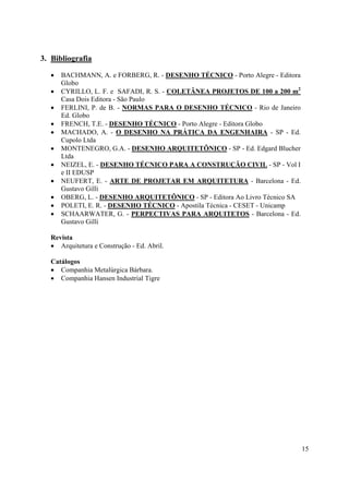 3. Bibliografia

   •   BACHMANN, A. e FORBERG, R. - DESENHO TÉCNICO - Porto Alegre - Editora
       Globo
   •   CYRILLO, L. F. e SAFADI, R. S. - COLETÂNEA PROJETOS DE 100 a 200 m2
       Casa Dois Editora - São Paulo
   •   FERLINI, P. de B. - NORMAS PARA O DESENHO TÉCNICO - Rio de Janeiro
       Ed. Globo
   •   FRENCH, T.E. - DESENHO TÉCNICO - Porto Alegre - Editora Globo
   •   MACHADO, A. - O DESENHO NA PRÁTICA DA ENGENHAIRA - SP - Ed.
       Cupolo Ltda
   •   MONTENEGRO, G.A. - DESENHO ARQUITETÔNICO - SP - Ed. Edgard Blucher
       Ltda
   •   NEIZEL, E. - DESENHO TÉCNICO PARA A CONSTRUÇÃO CIVIL - SP - Vol I
       e II EDUSP
   •   NEUFERT, E. - ARTE DE PROJETAR EM ARQUITETURA - Barcelona - Ed.
       Gustavo Gilli
   •   OBERG, L. - DESENHO ARQUITETÔNICO - SP - Editora Ao Livro Técnico SA
   •   POLETI, E. R. - DESENHO TÉCNICO - Apostila Técnica - CESET - Unicamp
   •   SCHAARWATER, G. - PERPECTIVAS PARA ARQUITETOS - Barcelona - Ed.
       Gustavo Gilli

   Revista
   • Arquitetura e Construção - Ed. Abril.

   Catálogos
   • Companhia Metalúrgica Bárbara.
   • Companhia Hansen Industrial Tigre




                                                                               15
 