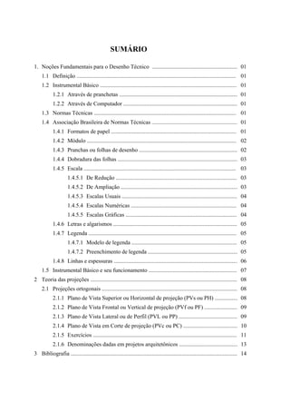 SUMÁRIO

1. Noções Fundamentais para o Desenho Técnico ............................................................ 01
    1.1 Definição ................................................................................................................ 01
    1.2 Instrumental Básico ................................................................................................ 01
           1.2.1 Através de pranchetas ................................................................................... 01
           1.2.2 Através de Computador ................................................................................ 01
    1.3 Normas Técnicas .................................................................................................... 01
    1.4 Associação Brasileira de Normas Técnicas ............................................................ 01
           1.4.1 Formatos de papel ........................................................................................ 01
           1.4.2 Módulo ......................................................................................................... 02
           1.4.3 Pranchas ou folhas de desenho ..................................................................... 02
           1.4.4 Dobradura das folhas .................................................................................... 03
           1.4.5 Escala ........................................................................................................... 03
                     1.4.5.1 De Redução ..................................................................................... 03
                     1.4.5.2 De Ampliação .................................................................................. 03
                     1.4.5.3 Escalas Usuais ................................................................................. 04
                     1.4.5.4 Escalas Numéricas .......................................................................... 04
                     1.4.5.5 Escalas Gráficas .............................................................................. 04
           1.4.6 Letras e algarismos ....................................................................................... 05
           1.4.7 Legenda ........................................................................................................ 05
                     1.4.7.1 Modelo de legenda .......................................................................... 05
                     1.4.7.2 Preenchimento de legenda ............................................................... 05
           1.4.8 Linhas e espessuras ....................................................................................... 06
    1.5 Instrumental Básico e seu funcionamento .............................................................. 07
2 Teoria das projeções ....................................................................................................... 08
    2.1 Projeções ortogonais ............................................................................................... 08
           2.1.1 Plano de Vista Superior ou Horizontal de projeção (PVs ou PH) ................ 08
           2.1.2 Plano de Vista Frontal ou Vertical de projeção (PVf ou PF) ....................... 09
           2.1.3 Plano de Vista Lateral ou de Perfil (PVL ou PP) ......................................... 09
           2.1.4 Plano de Vista em Corte de projeção (PVc ou PC) ...................................... 10
           2.1.5 Exercícios ..................................................................................................... 11
           2.1.6 Denominações dadas em projetos arquitetônicos ......................................... 13
3 Bibliografia ..................................................................................................................... 14
 