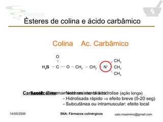 Ésteres de colina e ácido carbâmico Carbacol :   Extremamente resistente à hidrolise  (ação longa) Acetilcolina : - Nenhum uso clínico - Hidrolisada rápido    efeito breve (5-20 seg) - Subcutânea ou intramuscular: efeito local H 3 C H 2 N Colina Ac. Carbâmico CH 2 CH 2 O N + CH 3 CH 3 CH 3 O C 