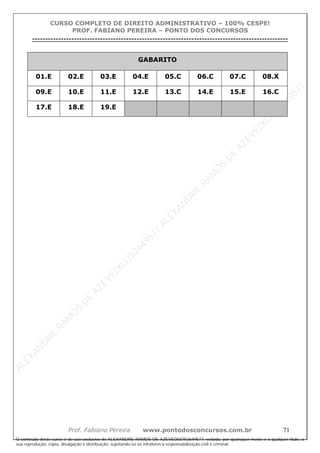 ALEXAN
D
R
E
R
AM
O
S
D
E
AZEVED
03752649577
ALEXAN
D
R
E
R
AM
O
S
D
E
AZEVED
03752649577
ALEXAN
D
R
E
R
AM
O
S
D
E
AZEVED
03752649577
ALEXAN
D
R
E
R
AM
O
S
D
E
AZEVED
03752649577
A L E X A N D R E R A M O S D E A Z E V E D 0 3 7 5 2 6 4 9 5 7 7
O conteúdo deste curso é de uso exclusivo de ALEXANDRE RAMOS DE AZEVED03752649577, vedada, por quaisquer meios e a qualquer título, a
sua reprodução, cópia, divulgação e distribuição, sujeitando-se os infratores à responsabilização civil e criminal.
CURSO COMPLETO DE DIREITO ADMINISTRATIVO – 100% CESPE!
PROF. FABIANO PEREIRA – PONTO DOS CONCURSOS
----------------------------------------------------------------------------------------------------------------------------------------------------------------------------------------------------
Prof. Fabiano Pereira www.pontodosconcursos.com.br 71
GABARITO
01.E 02.E 03.E 04.E 05.C 06.C 07.C 08.X
09.E 10.E 11.E 12.E 13.C 14.E 15.E 16.C
17.E 18.E 19.E
 