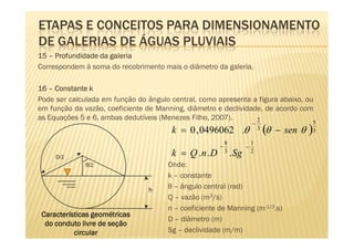 ETAPAS E CONCEITOS PARA DIMENSIONAMENTO
DE GALERIAS DE ÁGUAS PLUVIAIS
15 – Profundidade da galeria
Correspondem à soma do recobrimento mais o diâmetro da galeria.

16 – Constante k
Pode ser calculada em função do ângulo central, como apresenta a figura abaixo, ou
em função da vazão, coeficiente de Manning, diâmetro e declividade, de acordo com
as Equações 5 e 6, ambas dedutíveis (Menezes Filho, 2007).       2
                                                                         −                          5
                                       k = 0 , 0496062 .θ                    3
                                                                                 (θ   − sen θ   )   3

                                                          8              1
                                                      −              −
     D/2
                                       k = Q .n . D       3
                                                              . Sg       2

              θ/2                     Onde:
                                      k – constante
                                h
                                      θ – ângulo central (rad)
                                      Q – vazão (m3/s)
                                      n – coeficiente de Manning (m-1/3.s)
 Características geométricas
                                      D – diâmetro (m)
  do conduto livre de seção
           circular                   Sg – declividade (m/m)
 