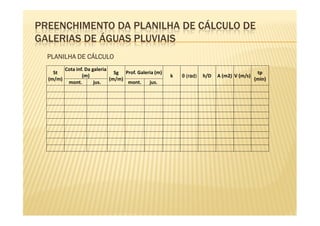 PREENCHIMENTO DA PLANILHA DE CÁLCULO DE
GALERIAS DE ÁGUAS PLUVIAIS
  PLANILHA DE CÁLCULO
          Cota inf. Da galeria
    St                           Sg Prof. Galeria (m)                                         tp
                  (m)                                   k     (rad
                                                               rad)
                                                            θ (rad)   h/D   A (m2) V (m/s)
  (m/m)                        (m/m)                                                         (min)
           mont.        jus.         mont.     jus.
 