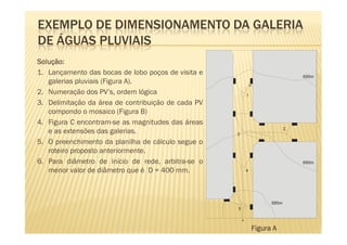 EXEMPLO DE DIMENSIONAMENTO DA GALERIA
DE ÁGUAS PLUVIAIS
Solução:
Solução:
1. Lançamento das bocas de lobo poços de visita e                             695m
   galerias pluviais (Figura A).                            BL


2. Numeração dos PV’s, ordem lógica                     1

3. Delimitação da área de contribuição de cada PV
   compondo o mosaico (Figura B)
4. Figura C encontram-se as magnitudes das áreas
                                                                          2
   e as extensões das galerias.                     3

5. O preenchimento da planilha de cálculo segue o
   roteiro proposto anteriormente.
6. Para diâmetro de início de rede, arbitra-se o                              690m
   menor valor de diâmetro que é D = 400 mm.            4




                                                                   685m
                                                    5




                                                             Figura A
 