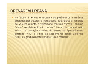 DRENAGEM URBANA
 Na Tabela 1 tem-se uma gama de parâmetros e critérios
 adotados por autores e instituições, notando-se a variação
 de valores quanto à velocidade máxima “Vmax”, mínima
 “Vmin”, recobrimento mínimo “rm”, tempo de concentração
 inicial “tci”, relação máxima da lâmina de água-diâmetro
 adotada “h/D” e o tipo de escoamento sendo uniforme
 “Unif” ou gradualmente variado “Grad. Variado”.
 