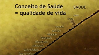Conceito de Saúde
= qualidade de vida
alimentação
moradia
saneamento
meio ambiente
trabalho
renda
educação
transporte
lazer
bens e serviços
SAÚDE
 
