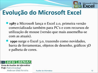 Evolução do Microsoft Excel
1987 a Microsoft lança o Excel 2.0, primeira versão
comercializada também para PC’s e com recursos de
utilização de mouse (versão que mais assemelha-se
com as atuais).
 1990 surge o Excel 3.0, trazendo como novidades,
barra de ferramentas, objetos de desenho, gráficos 3D
e palheta de cores.
Auxiliar de Informática 12
 