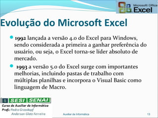 Evolução do Microsoft Excel
1992 lançada a versão 4.0 do Excel para Windows,
sendo considerada a primeira a ganhar preferência do
usuário, ou seja, o Excel torna-se líder absoluto de
mercado.
 1993 a versão 5.0 do Excel surge com importantes
melhorias, incluindo pastas de trabalho com
múltiplas planilhas e incorpora o Visual Basic como
linguagem de Macro.
Auxiliar de Informática 13
 